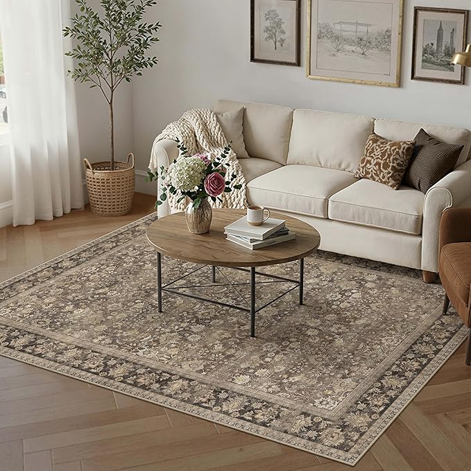 HUGEAR 4x6 Machine Washable Rugs Brown Hallway Area Rug Indoor Accent Rug Floral Low Pile Carpet Soft Throw Rug Bedroom Living Room Office Dining Room Kitchen Laundry Room Non Slip