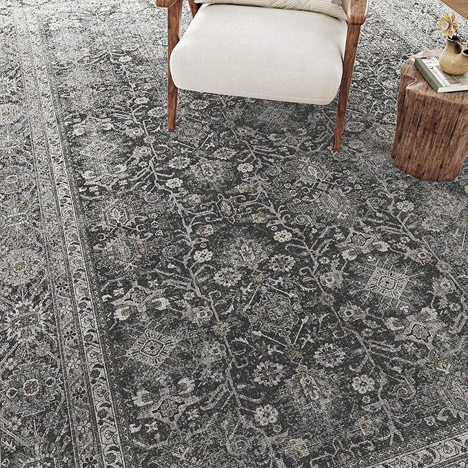 Vintage Area Rug 6x9 Black Washable Living Room Large Carpet Non Slip Bedroom Indoor Office Low Pile Traditional Distressed Retro Accent Rug for Dining Room Kitchen