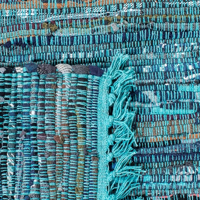 SAFAVIEH Rag Rug Collection Runner Rug - 2'3" x 9', Blue & Multi, Handmade Boho Stripe Cotton, Ideal for High Traffic Areas in Living Room, Bedroom (RAR121B)