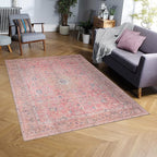 GLN Rugs Traditional Collection - Machine Washable Area Rug, Traditional Washable, Non Slip, Low Pile Chenille Rug, Living Room, Bedroom, Kitchen Rug (5' x 7' Pink/Cream)