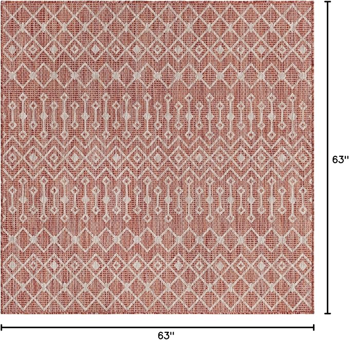 Unique Loom Outdoor Trellis Collection Area Rug - Tribal Trellis (5' 3" Square, Rust Red/ Ivory)