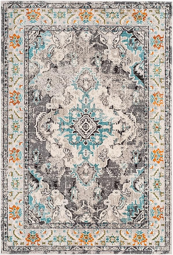 SAFAVIEH Monaco Collection X-Large Area Rug - 12' x 18', Grey & Light Blue, Medallion Distressed Design, Non-Shedding & Easy Care, Ideal for High Traffic Areas in Living Room, Bedroom (MNC243G)
