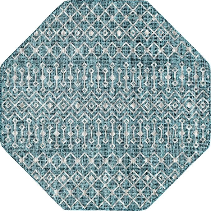 Unique Loom Outdoor Trellis Collection Area Rug - Tribal Trellis (5' 3" Octagon, Teal/ Ivory)