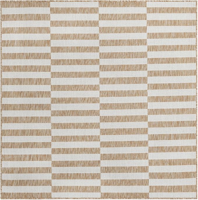 Unique Loom Outdoor Striped Collection Area Rug - Striped (5' 3" Square Taupe/Ivory)
