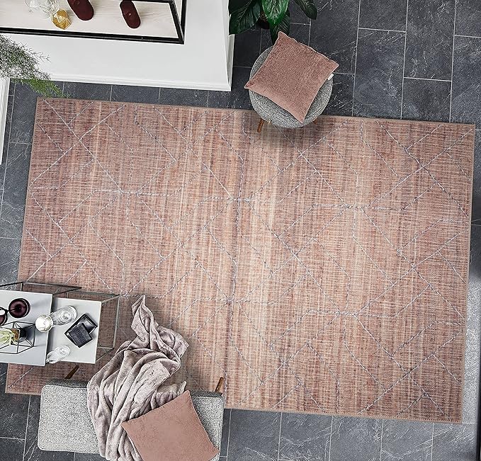 GLN Rugs Contemporary Collection - Machine Washable Area Rug, Contemporary Washable, Non Slip, Low Pile Chenille Rug, Living Room, Bedroom, Kitchen Rug (3' x 5' Terra/Brown)