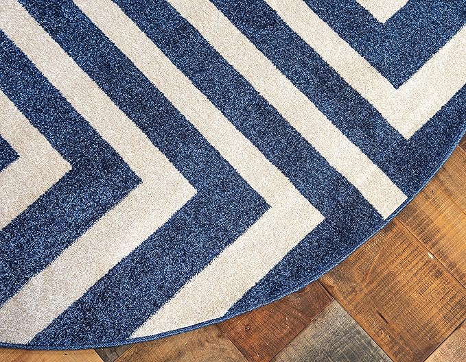 Unique Loom Athens Collection Classic Geometric Modern Border Design Area Rug (6' 0 x 6' 0 Round, Navy Blue/ Beige)