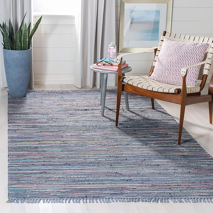 SAFAVIEH Rag Rug Collection Area Rug - 5' x 8', Purple & Multi, Handmade Boho Stripe Cotton, Ideal for High Traffic Areas in Living Room, Bedroom (RAR121D)