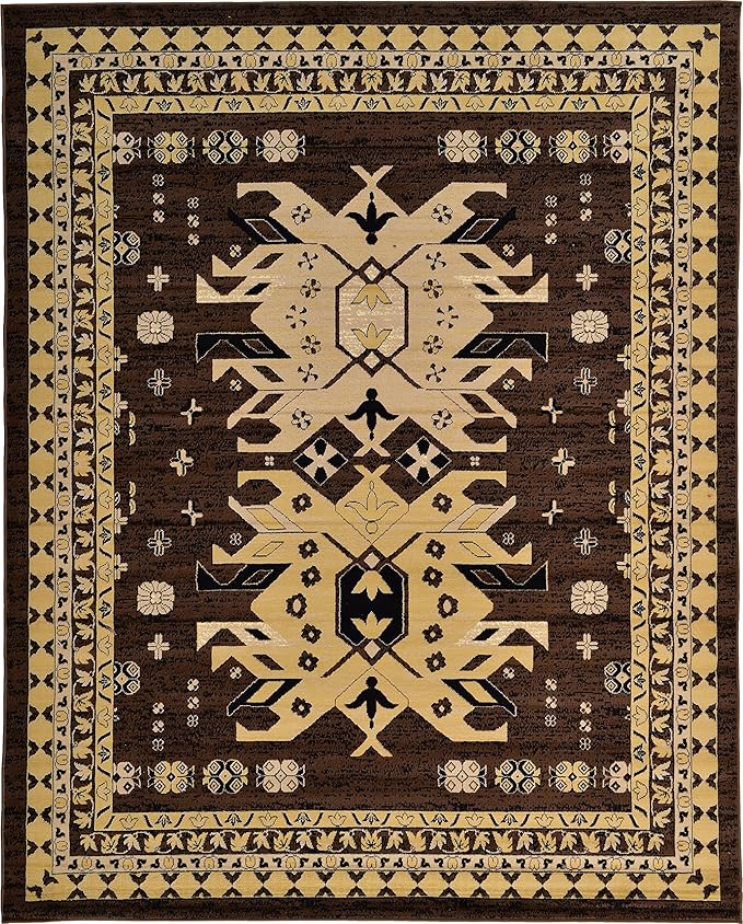 Unique Loom Taftan Collection Border Geometric Tribal Inspired Design Area Rug (8' 0 x 10' 0 Rectangular, Brown/ Tan)