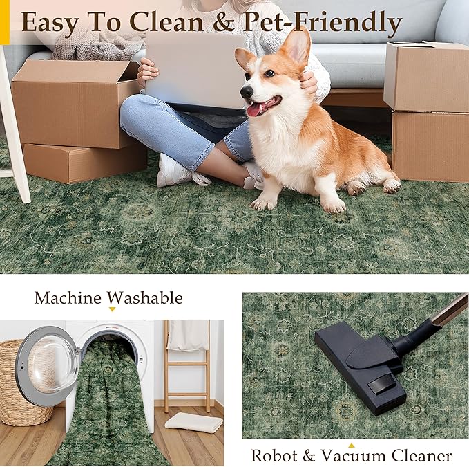 2x3 Washable Area Rug for Entryway Green Vintage Non-Slip Low Pile Distressed Rustic Carpet Lightweight Vacuumable Inoor Door Mat Soft Small Throw Rug for Entrance Bathroom
