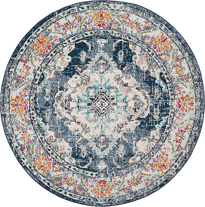 SAFAVIEH Monaco Collection Area Rug - 8'8" Round, Navy & Light Blue, Boho Chic Medallion Distressed Design, Non-Shedding & Easy Care, Ideal for High Traffic Areas in Living Room, Bedroom (MNC243N)