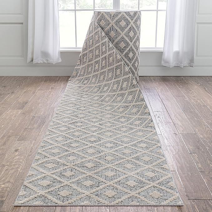 Well Woven Custom Size Hallway Stair Runner - Choose Your Length - Ainsley Grey Diamond Trellis Geometric Tribal - 31 Inches Wide x 19 Feet Long Runner (31" x 19' Runner) Rug