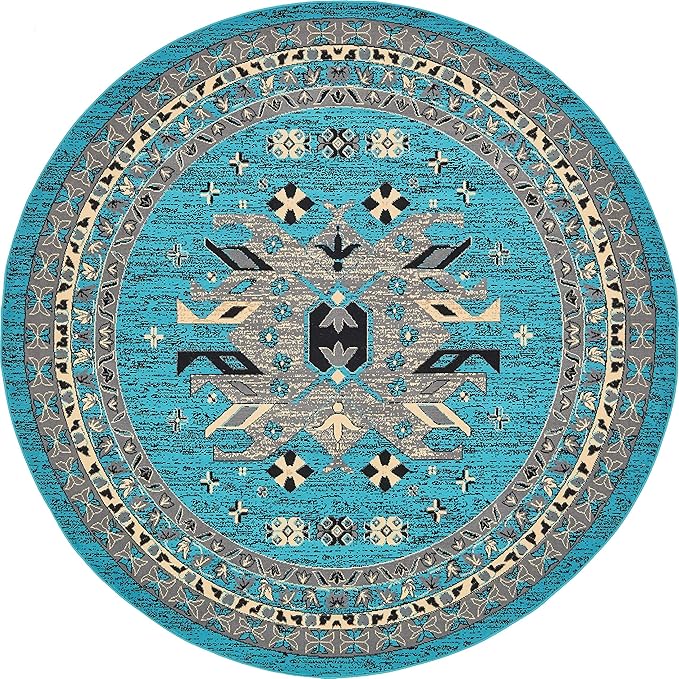 Unique Loom Taftan Collection Border Geometric Tribal Inspired Design Area Rug (8' 0 x 8' 0 Round, Turquoise/ Gray)
