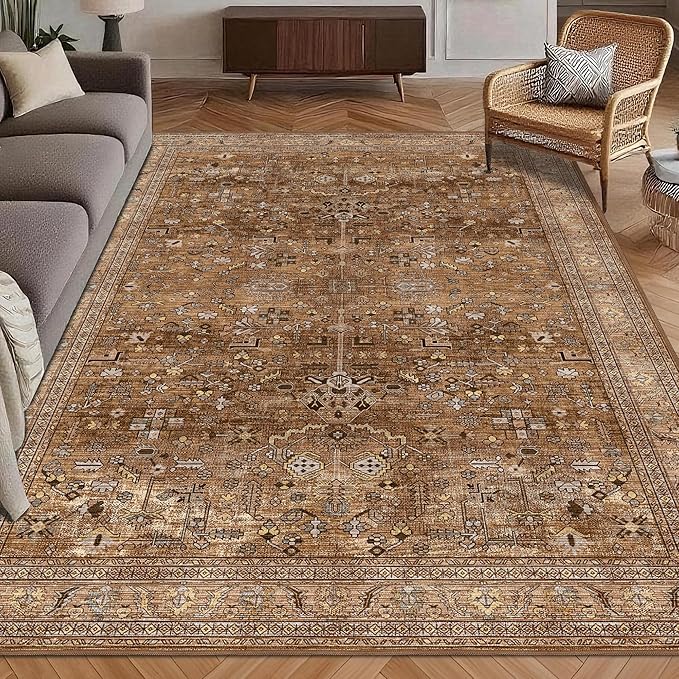 Washable Area Rug 5' x 7' Vintage Traditional Persian Mat - Foldable Distressed Non-Slip Machine Washable Carpet for Living Room Bedroom Kitchen Home Decor - Bronze and Ivory