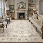 HUGEAR Area Rug 6x9 Vintage Brown Machine Washable Living Room Rugs Thin Neutral Floral Vacuumable Low Pile Carpet Bedroom Office Dining Room Laundry Room Non Slip Soft Lightweight