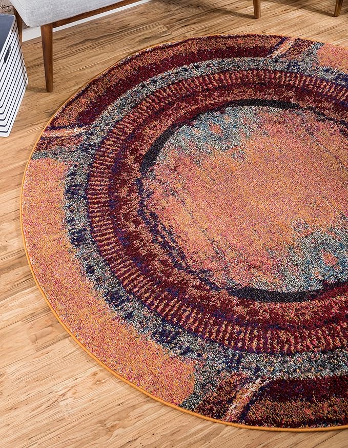 Unique Loom Estrella Collection Rustic, Distressed, Modern, Abstract Area Rug (6' 0 x 6' 0 Round, Orange/Black)