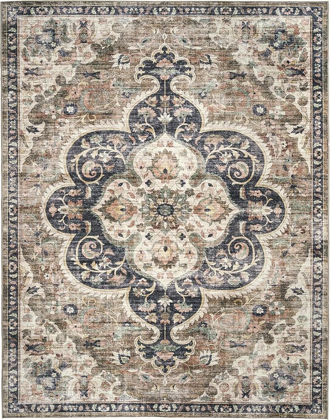 ReaLife Rugs Machine Washable Area Rug - Living Room Bedroom Bathroom Kitchen Entryway Office - Padded Crease Free Stain Resistant Premium - Boho Farmhouse Vintage- Joy - Brown Tan - 2'x 3'