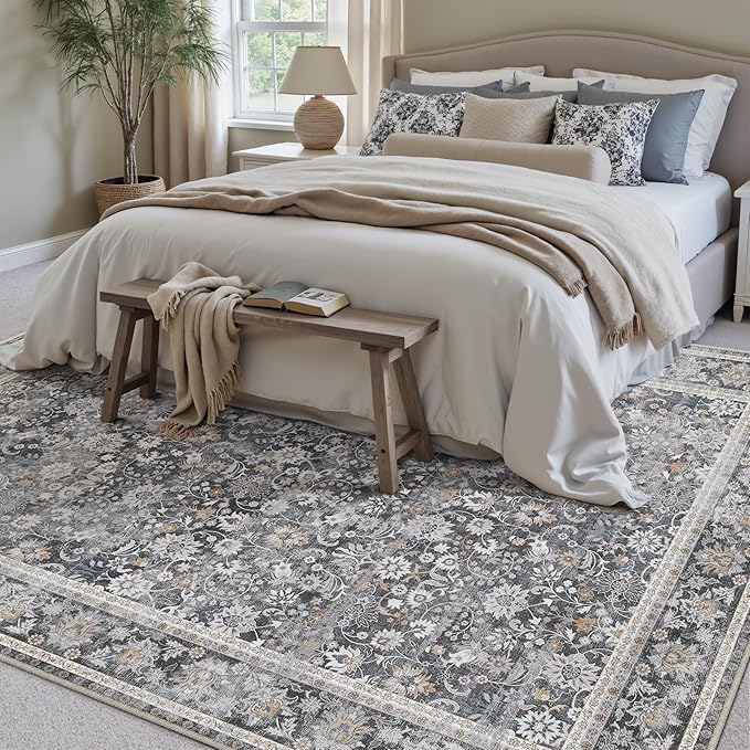 HUGEAR 5x7 Machine Washable Rugs Black Grey Hallway Area Rug Indoor Accent Rug Floral Low Pile Carpet Soft Throw Aesthetic Rug Bedroom Living Room Office Dining Room Kitchen Laundry Room Non Slip