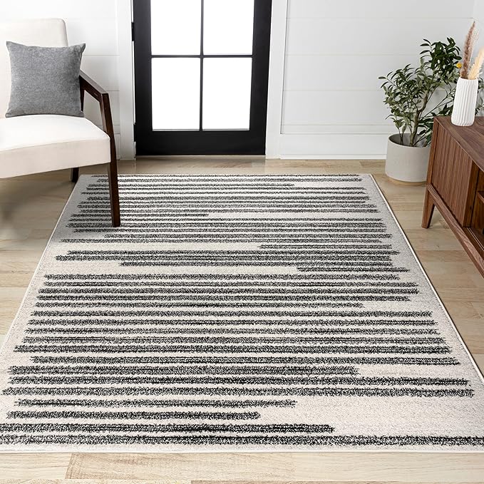 JONATHAN Y Khalil Modern Berber Stripe Cream/Black Indoor Area Rug, 4x6, Contemporary, Bohemian, Easy-Cleaning for Living Room, Bedroom, Kitchen, Pet Friendly, Non-Shedding (MOH207A-4)
