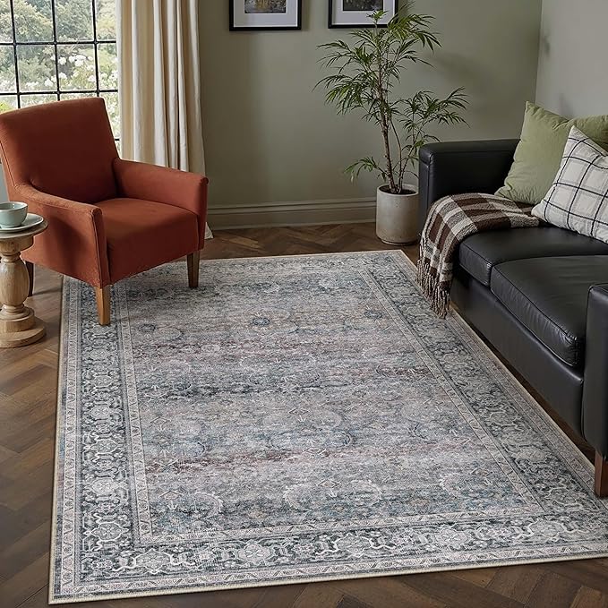 HUGEAR 5x7 Area Rug Purple Machine Washable Rug Vintage Neutral Distressed Mat Soft Non Slip Low Pile Pet Friendly for Living Room Bedroom Dining Room