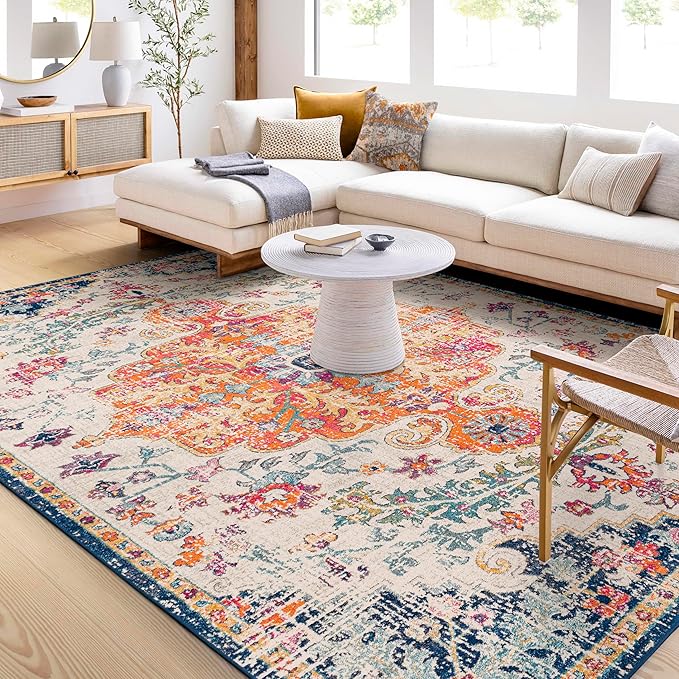 Livabliss Area Rugs - 12x18 Odelia Vintage Boho Aqua Off-White Blue Area Rug for Living Room Bedroom - Floral Medallion Stain Resistant Carpet for Kitchen, Nursery, Office (12' x 18')