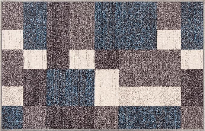 Rugshop Modern Boxes Design Non-Slip (Non-Skid) Carpet Mat Area Rug for Entryway,Door Rug,Kitchen 2'7" x 4' Blue