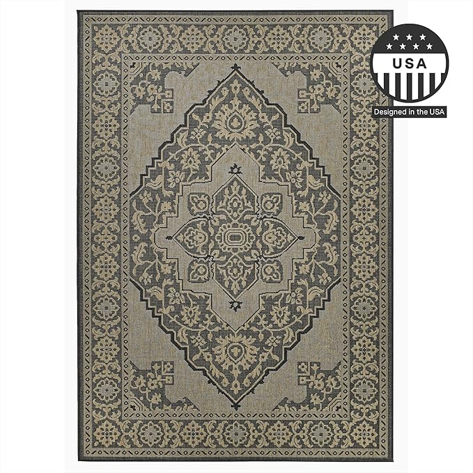FH Home Flat Woven Outdoor Rug - Waterproof, Easy to Clean, Stain Resistant - Premium Polypropylene Yarn - Vintage - Patio, Porch, Deck, Balcony - Ankara - Charcoal - 5ft 4in x 7ft 6in