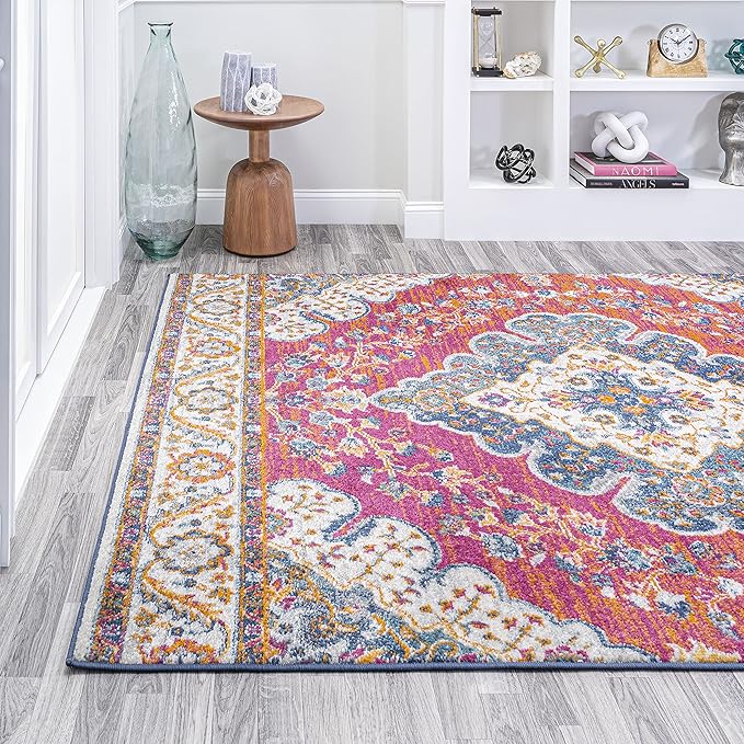 JONATHAN Y Boho Vintage Fuchsia/White Indoor Area Rug, 3x5, Bohemian Flair Medallion, Floral Easy-Cleaning High Traffic for Living Room, Bedroom, Kitchen, Pet-Friendly, Non-Shedding (BMF106C-3)