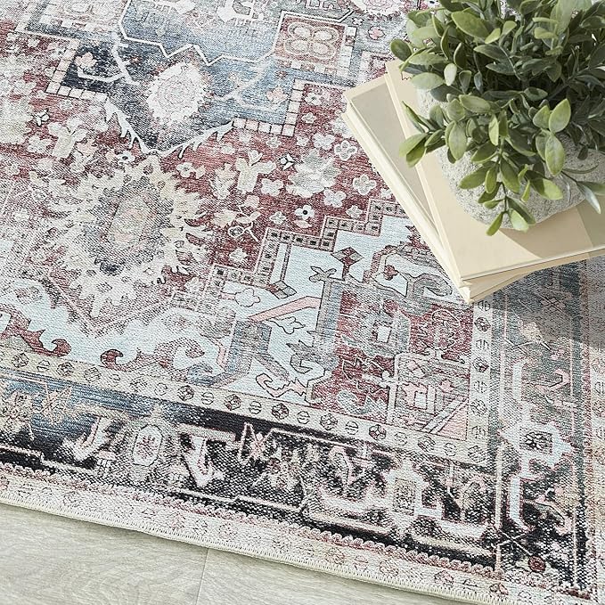 Fame Living Faded Oushak Rug, Turkish Vintage Floral Pastel Large Oversized Area Rugs for Living Room Dining Bedroom Kitchen Bathroom Nursery (848CrNv, 2' x 3')