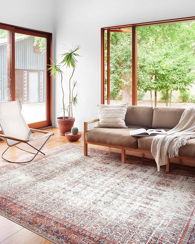Loloi Layla Collection LAY-12 Ivory/Brick 2'-0" x 5'-0" .13" Thick Accent Rug, Soft, Durable, Vintage Inspired, Distressed, Low Pile, Non-Shedding, Easy Clean, Printed, Living Room Rug