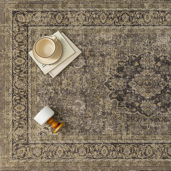 2x6 Brown Washable Vintage Runner Rug for Living Room Bedroom Soft Tranditional Non Slip Runner Area Rug Lightweight Floral Low Pile Distressed Runner Kitchen Hallway Bedroom