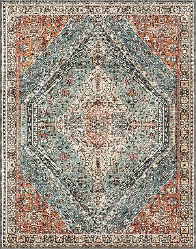 Bavni Washable Rug 8x10 Area Rug for Living Room Bedroom Dining, Washable Vintage Print Carpet, Ultra-Thin Chenille Low Pile Lightweight Rug with Non Slip Backing, Light Red/Blue