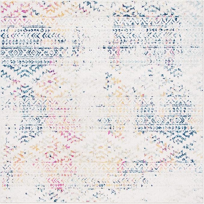 SAFAVIEH Tulum Collection Area Rug - 6'7" Square, Ivory & Blue, Moroccan Boho Tribal Design, Non-Shedding & Easy to Clean, Ideal for Living Room, Bedroom, Dining Space (TUL272C)