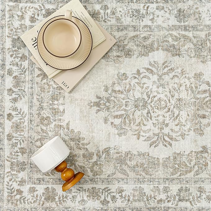 3x5 Area Rug Beige Washable Office Vintage Distressed Carpet Bedroom Indoor Medallion Floral Living Room Non Slip Retro Throw Floor Mat for Dining Room Kitchen Bathroom