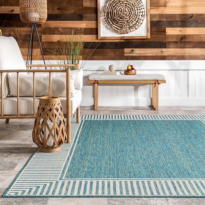 Nuloom Asha Teal/Ivory, 4' x 6', Casual, Striped Border, Soft and Cozy, High Traffic, Stain Resistant, Easy Clean, Durable Area Rug for Indoor/Outdoor Patio, Deck, Porch, Garden, Courtyard