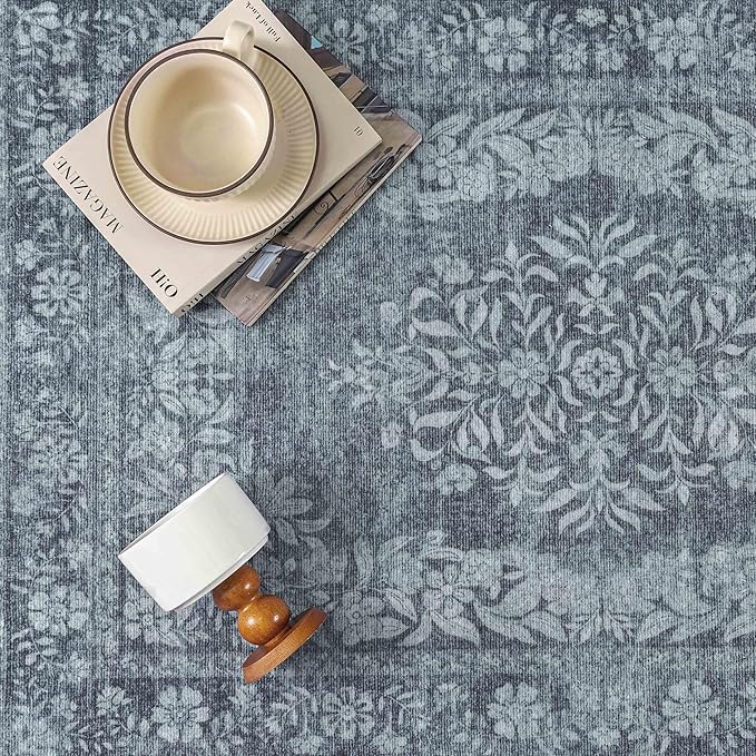 8x10 Area Rug Gray Washable Vintage Distressed Living Room Carpet Large Bedroom Indoor Medallion Floral Non Slip Retro Throw Floor Mat for Office Dining Room Kitchen Bathroom