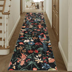 Floral Runner Rug 3x12 Washable Hallway Long Black Bedroom Carpet Non Slip Indoor Boho Kitchen Low Pile Accent Rug Lightweight Soft for Bathroom Dining Laundry Living Room
