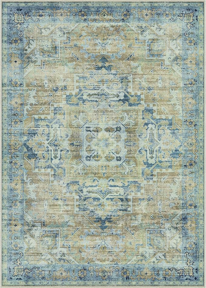 GENIMO Machine Washable 8x10 Area Rugs for Living Room, Non Slip Vintage Rugs, Low Pile Lightweight Chenille Print Rug for Bedroom, Dining Room, Home Office, Fade Blue