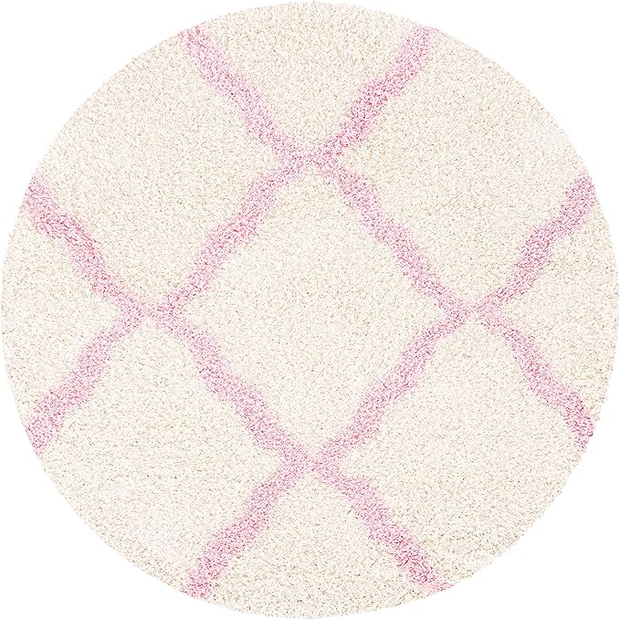 SAFAVIEH Dallas Shag Collection Area Rug - 4' Round, Ivory & Light Pink, Trellis Design, Non-Shedding & Easy Care, 1.5-inch Thick Ideal for High Traffic Areas in Living Room, Bedroom (SGD257P)