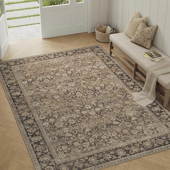 HUGEAR 5x7 Machine Washable Rugs Brown Hallway Area Rug Indoor Accent Rug Floral Low Pile Carpet Soft Throw Aesthetic Rug Bedroom Living Room Office Dining Room Kitchen Laundry Room Non Slip