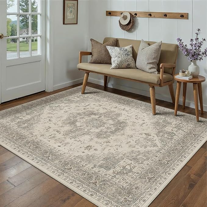 5x7 Washable Area Rug Beige Grey Vintage Distressed Rug for Office Oriental Soft Thin Indoor Retro Gray Carpet Non Slip Low Pile Floor Cover for Living Ding Room Bedroom Laundry Dorm