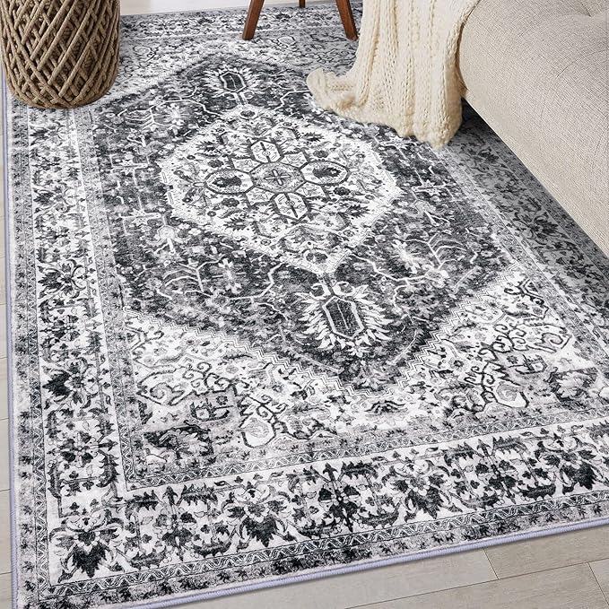 KOZYFLY Boho Area Rug 3x5 Ft Rugs for Entryway Washable Entry Rug Non Slip Door Mat Indoor Entrance Printed Faux Wool Vintage Kitchen Rug Throw Rugs for Kitchen Living Room, Grey