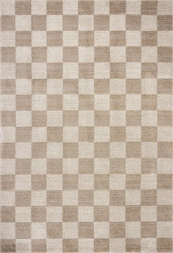 Loloi Chris Loves Julia Calvin Collection CLV-01 Pebble/Ivory 3'-6" x 5'-6" Accent Rug Checkered Neutral Soft Living Room Bedroom Carpet