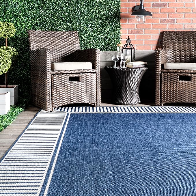 Nuloom Asha Navy/Ivory, 2' x 8', Casual, Striped Border, Soft and Cozy, High Traffic, Stain Resistant, Easy Clean, Durable Runner for Indoor/Outdoor Patio, Deck, Porch, Garden, Courtyard