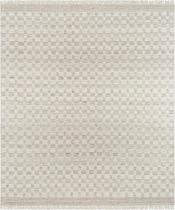 Mark&Day Wool Rugs, 8x10 Clinten Solid and Border Light Gray Checkered Rug, Grey Ivory Carpet for Living Room, Bedroom or Kitchen (8' x 10')
