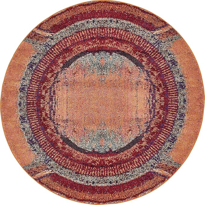 Unique Loom Estrella Collection Rustic, Distressed, Modern, Abstract Area Rug (6' 0 x 6' 0 Round, Orange/Black)