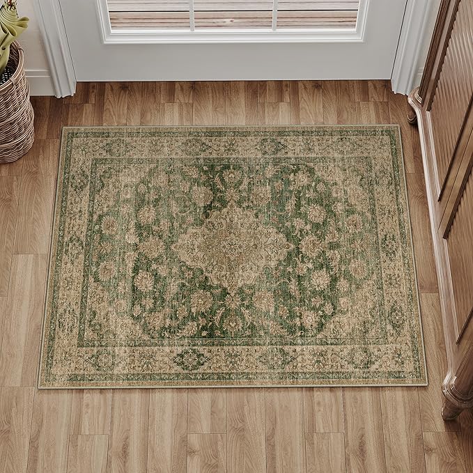 HUGEAR 2x3 Entryway Area Rug Retro Green Small Rug Machine Washable Door Mat Vintage Floral Low Pile Carpet Distressed Throw Rug Entrance Kitchen Bathroom Bedroom Office Non Slip Soft Lightweight