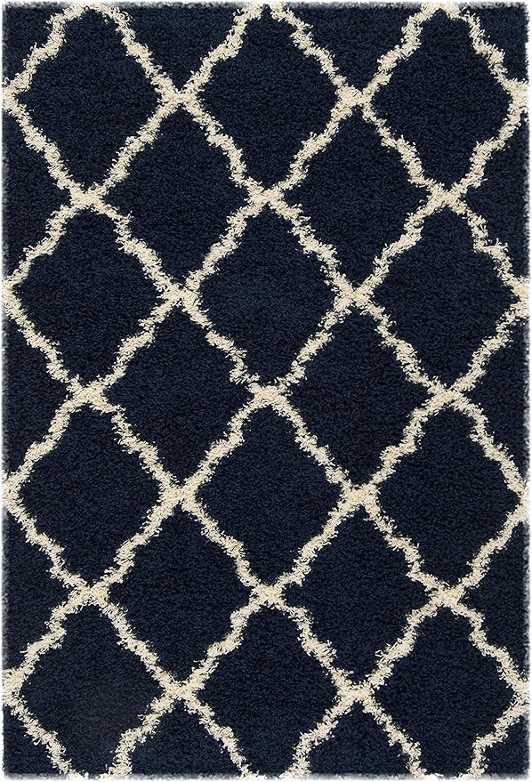 SAFAVIEH Dallas Shag Collection Accent Rug - 4' x 6', Navy & Ivory, Trellis Design, Non-Shedding & Easy Care, 1.5-inch Thick Ideal for High Traffic Areas in Entryway, Living Room, Bedroom (SGD257N)