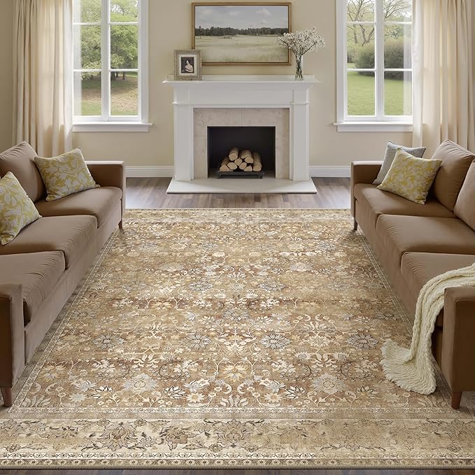 HUGEAR 8x10 Machine Washable Rugs Brown Beige Hallway Large Area Rug Indoor Accent Rug Floral Low Pile Carpet Soft Throw Aesthetic Rug Bedroom Living Room Office Dining Room Kitchen Laundry Room