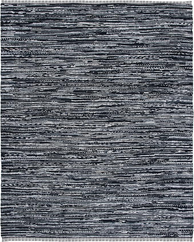 SAFAVIEH Rag Rug Collection Area Rug - 8' x 10', Black, Handmade Boho Stripe Cotton, Ideal for High Traffic Areas in Living Room, Bedroom (RAR121Z)