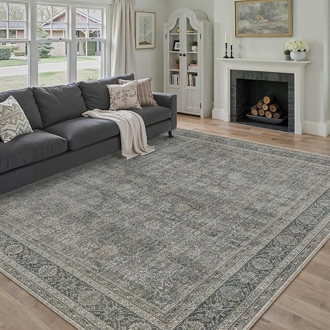 Vintage Area Rug 6x9 Grey Brown Washable Living Room Large Carpet Non Slip Bedroom Indoor Office Low Pile Traditional Distressed Retro Accent Rug for Dining Room Kitchen